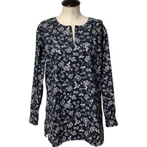 Lands End Navy Blue White Floral Long Sleeve V Neck Tunic Top - Size 6